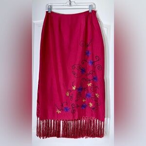Clio Silk Women’s Embroidered Pencil Skirt VINTAGE Floral Red Fringe Tassels, 10